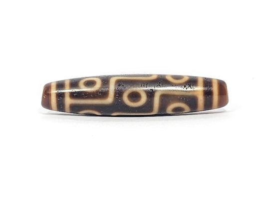 Antique Tibetan Nine Eye dzi bead face A, bold cream eye network on dark micro-pitted agate, At-051525-9E2