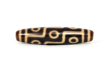 Antique Tibetan Nine Eye dzi bead face A, five cream circle eyes on warm brown agate connected by bars, At-011625-9E