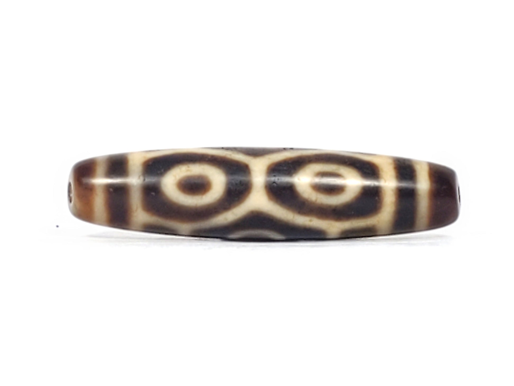Antique Tibetan Naga Dragon Eye dzi bead face A, two paired concentric-ring eyes on dark brown agate, At-092524-6EN