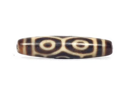 Antique Tibetan Naga Dragon Eye dzi bead face A, two paired concentric-ring eyes on dark brown agate, At-092524-6EN