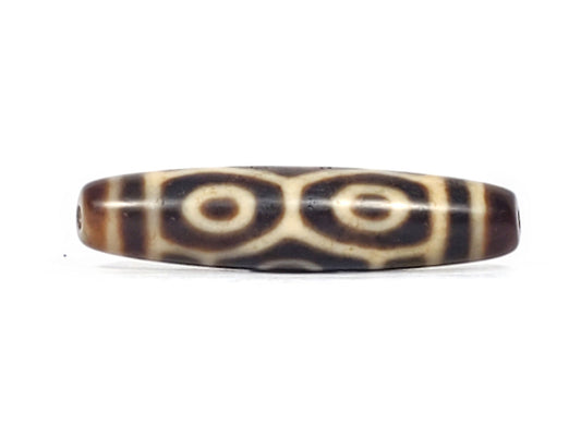 Antique Tibetan Naga Dragon Eye dzi bead face A, two paired concentric-ring eyes on dark brown agate, At-092524-6EN