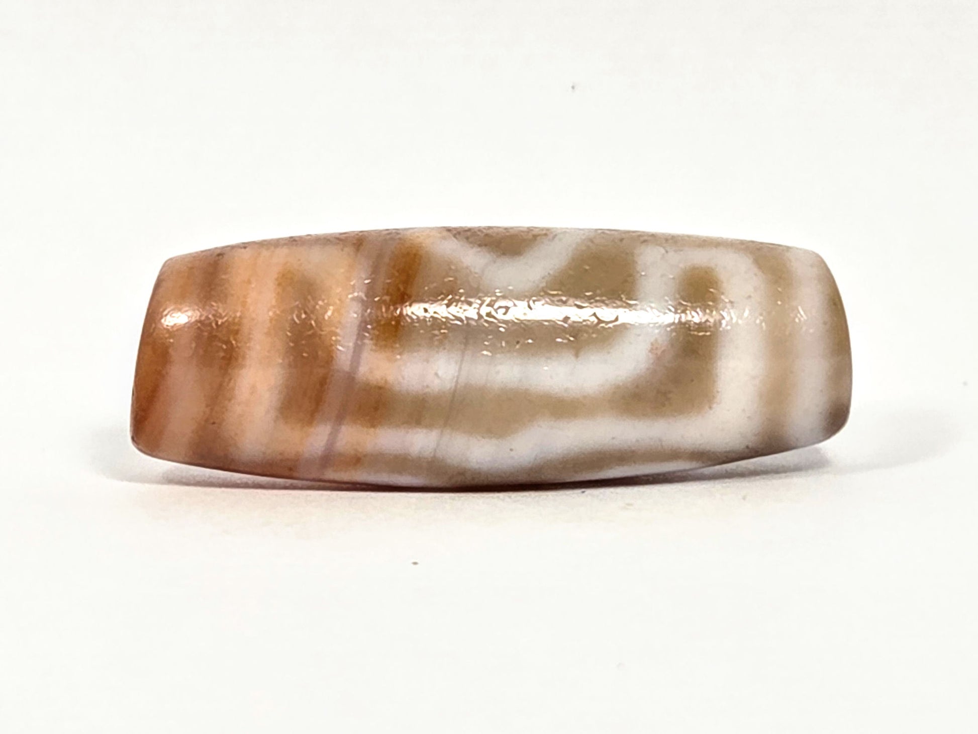 At-072326-3EVBS antique three eye variant dzi warm brown agate face B flowing wavy cream stripe connector unretouched