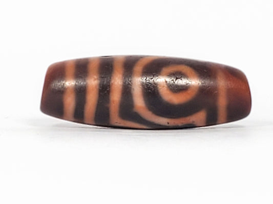 At-053126-2E6, antique two eye dzi, 39.2×13.9mm, mahogany-brown agate, terracotta-orange closed eye, unretouched