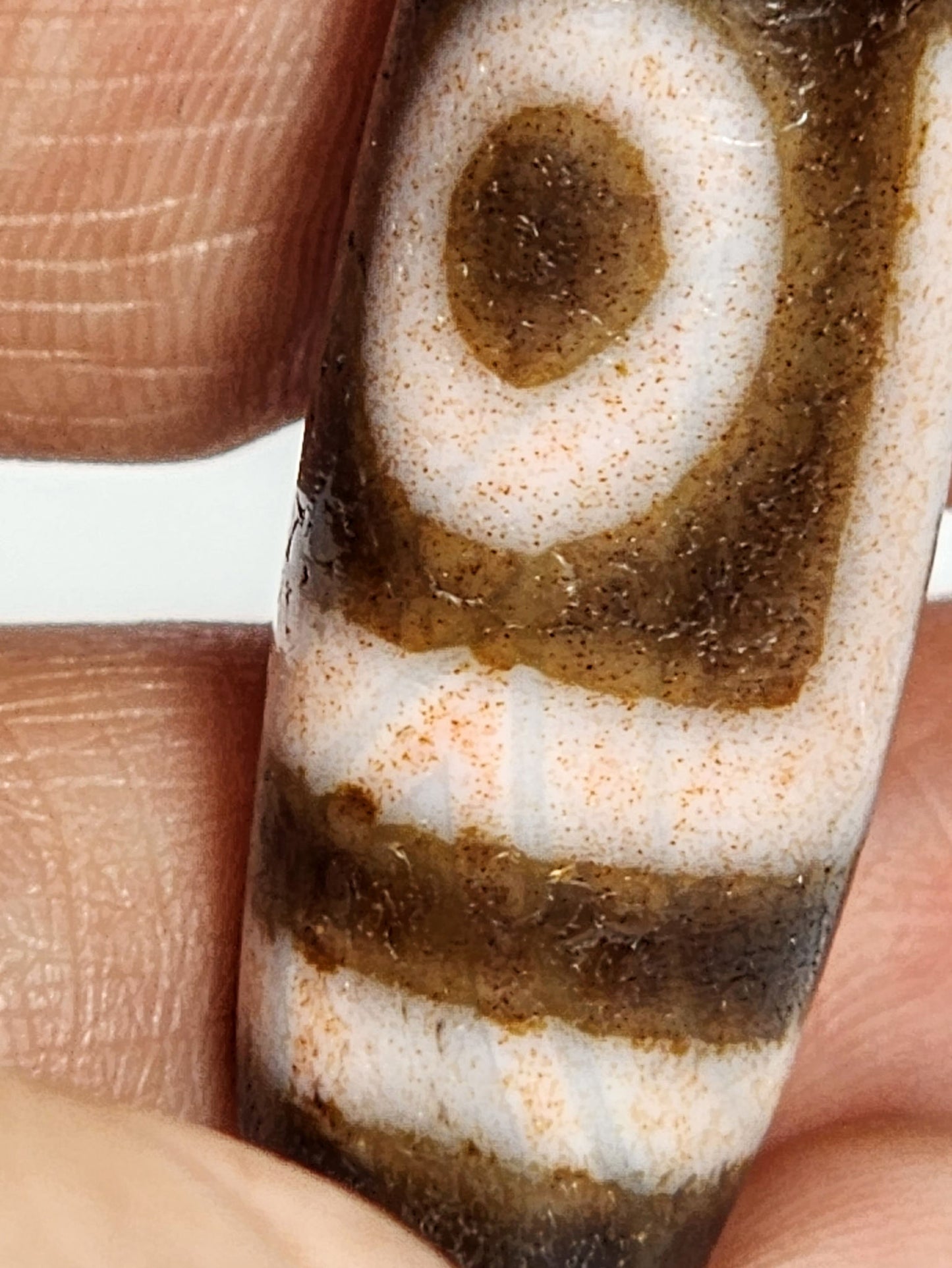  Extreme macro of antique two eye dzi At-092724-2EBS, primary eye concentric rings with dense cinnabar saturation throughout dark brown zones, rose-peach cream tinting, unretouched