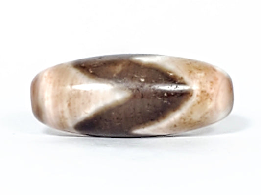 At-053126-Ta4, antique tiger tooth dzi, 28.5×11.9mm, warm rose-cream agate, chocolate-brown chevron teeth, unretouched