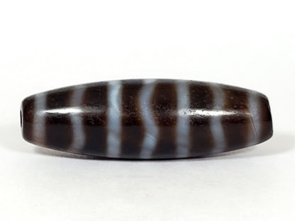 At-053126-WS2, antique wave & stripe dzi, 36.8×11.7mm, chocolate-brown agate, pale grey-cream wave lines, unretouched