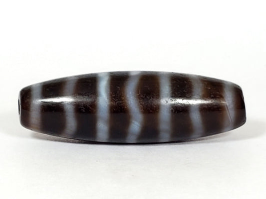 At-053126-WS2, antique wave & stripe dzi, 36.8×11.7mm, chocolate-brown agate, pale grey-cream wave lines, unretouched