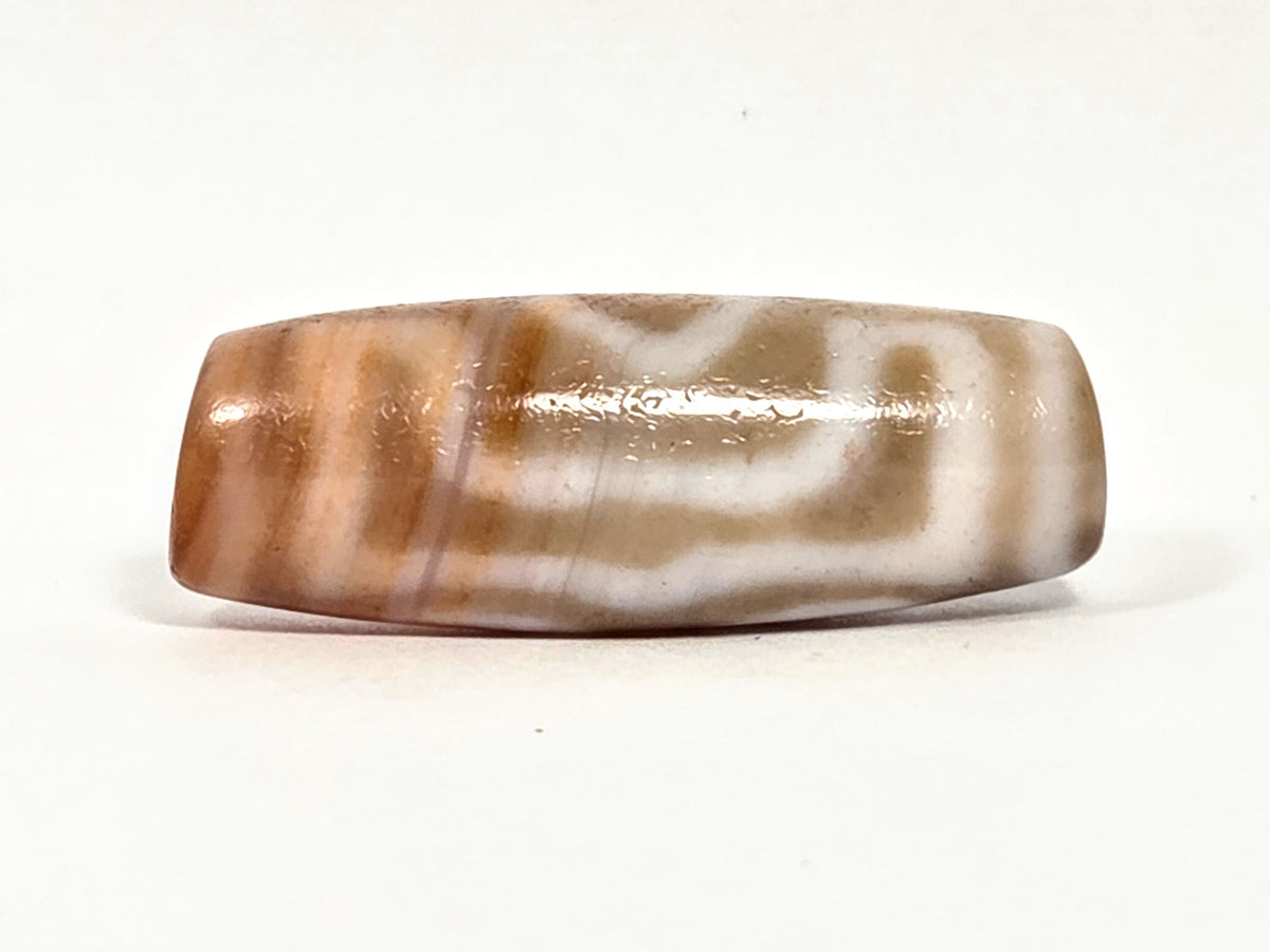 At-072326-3EVBS antique three eye variant dzi warm brown agate face B flowing wavy cream stripe connector unretouched
