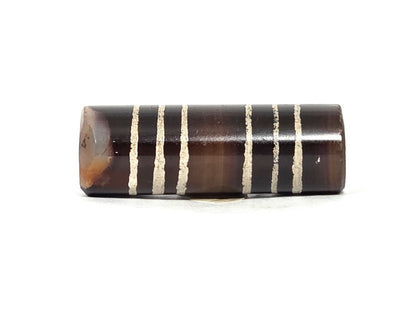 Ac-062226-6Str, six stripe agate dzi, 37.1×12.7mm, deep warm dark brown, sandy-cream stripes, side view, unretouched