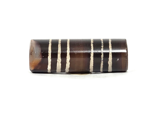 Ac-062226-6Str, six stripe agate dzi, 37.1×12.7mm, deep warm dark brown, sandy-cream stripes, side view, unretouched