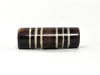Ac-062226-6Str, six stripe agate dzi, warm dark brown barrel, six sandy-cream bands, opposite side view, unretouched