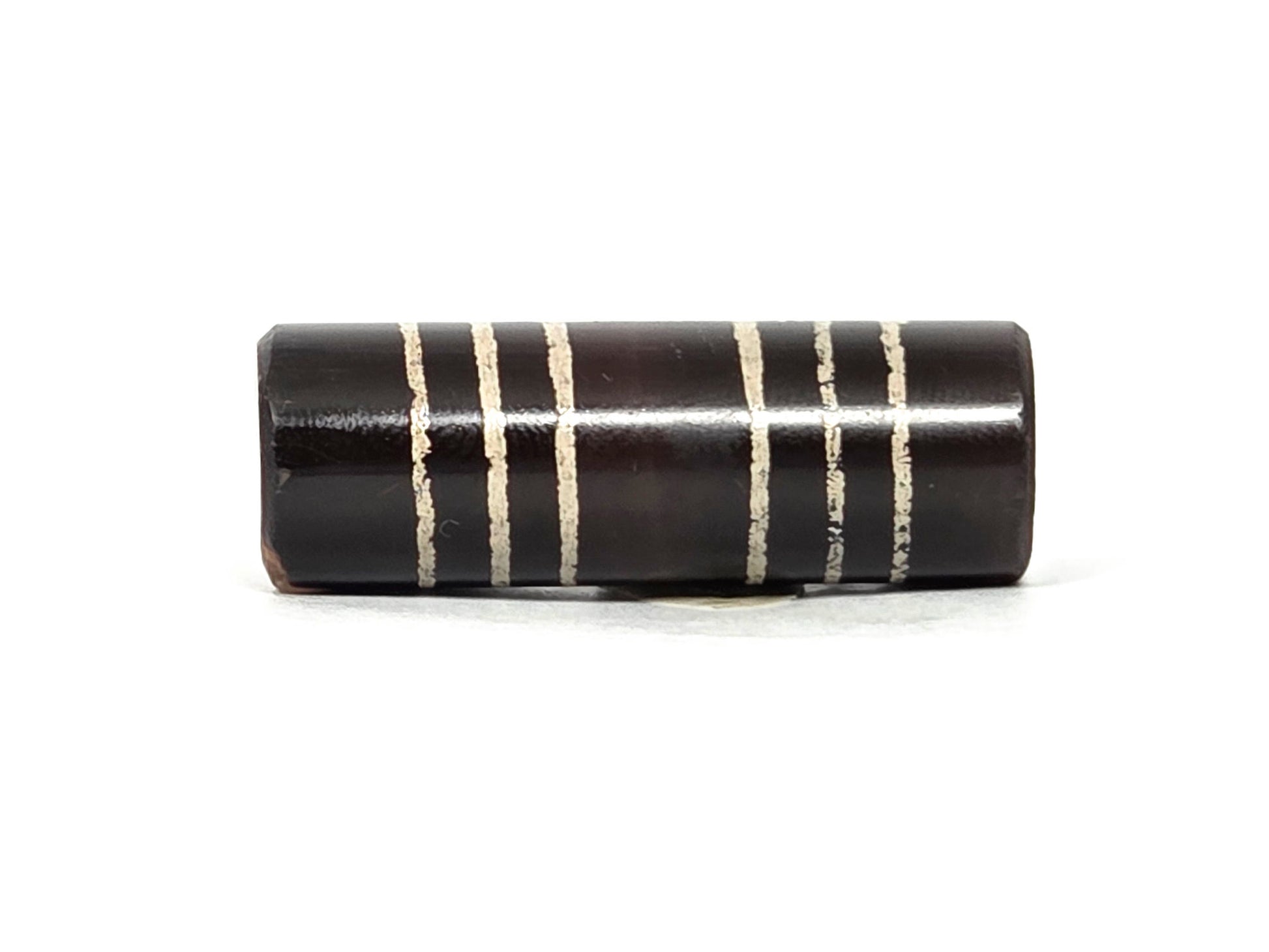 Ac-062226-6Str, six stripe dark brown agate dzi, deeper-toned face, all six cream bands visible, barrel form, unretouched
