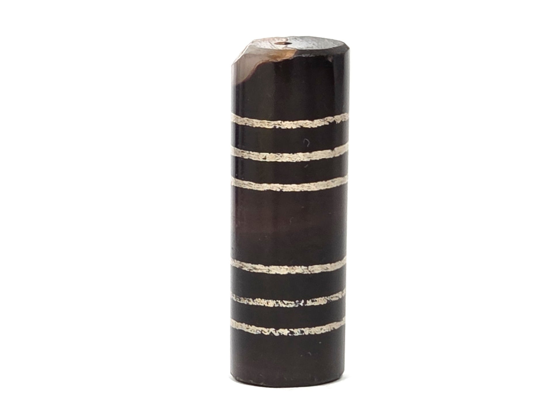 Ac-062226-6Str, darker-toned face, six cream stripe bands on deep dark brown agate, chip at top corner, unretouched