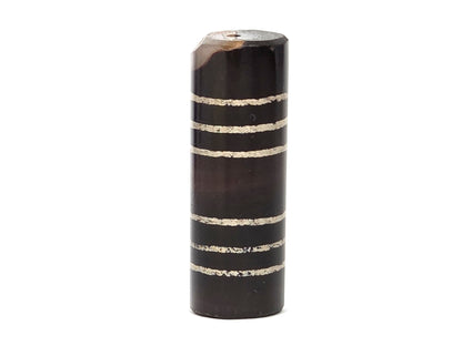 Ac-062226-6Str, darker-toned face, six cream stripe bands on deep dark brown agate, chip at top corner, unretouched