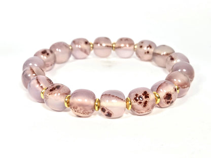 N-030526-CB2 bloodspot chalcedony bracelet, 18 round beads, gold spacers, dusty mauve-rose, cinnabar clusters, unretouched
