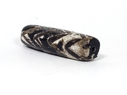 Ac-071026-4TT ancient tiger tooth dzi bead angled view drill end calcification wrap small hole unretouched