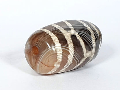 Antique longevity dzi — opposite end angled, drill hole at rounded tip, orange inclusion, agate banding rings, At-0426-Lon2