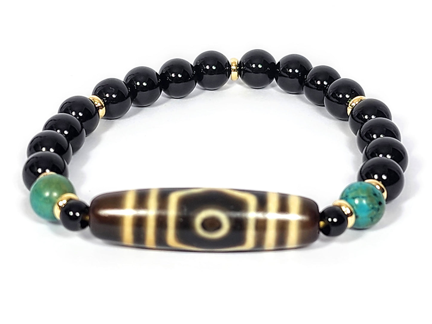 N-060726-3E-BR three eye dzi bracelet, single eye face, dark brown & tan focal bead, black agate, teal, unretouched