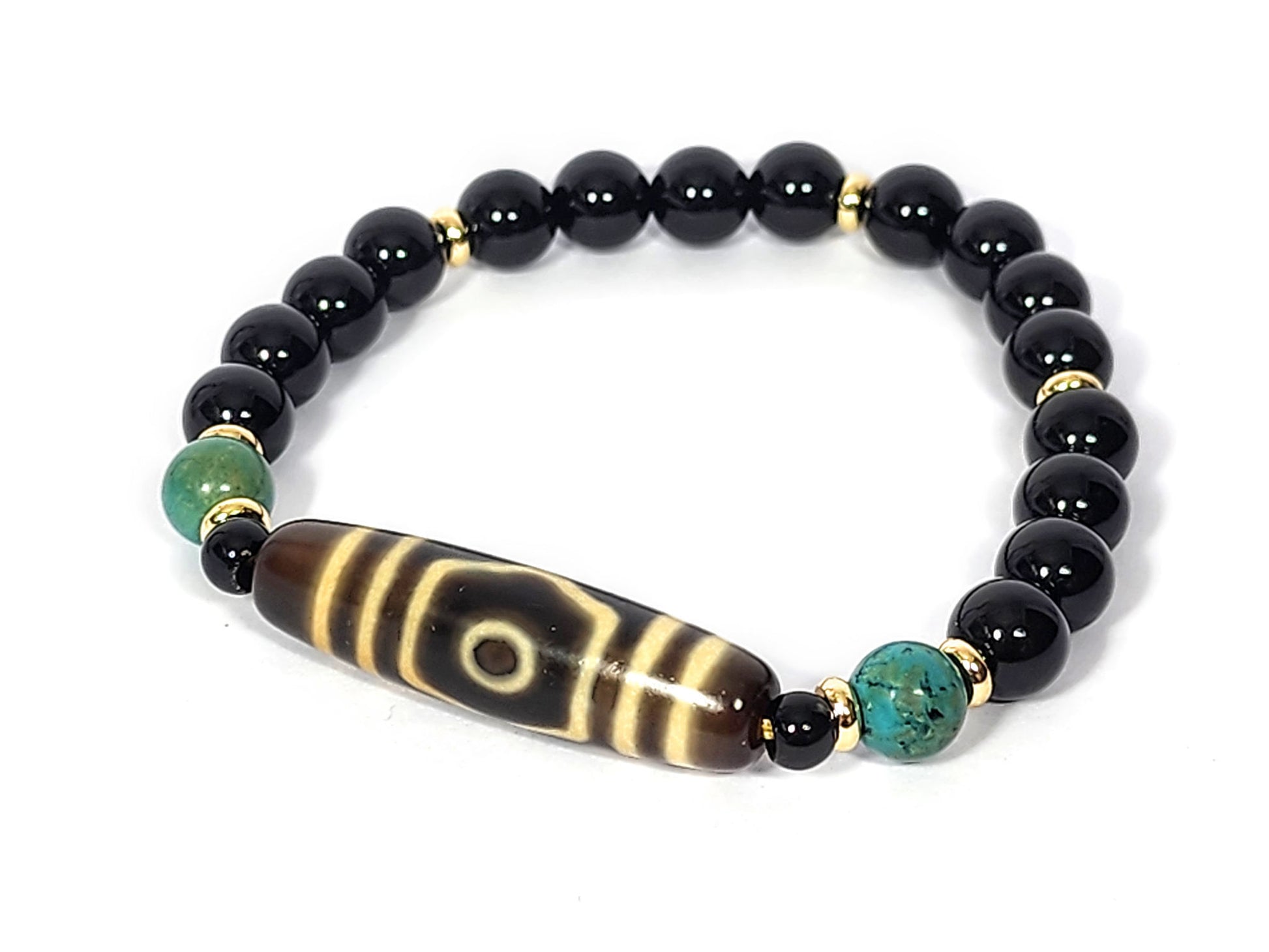 N-060726-3E-BR three eye dzi bracelet, dark brown stripe focal bead, teal turquoise, gold spacers, unretouched
