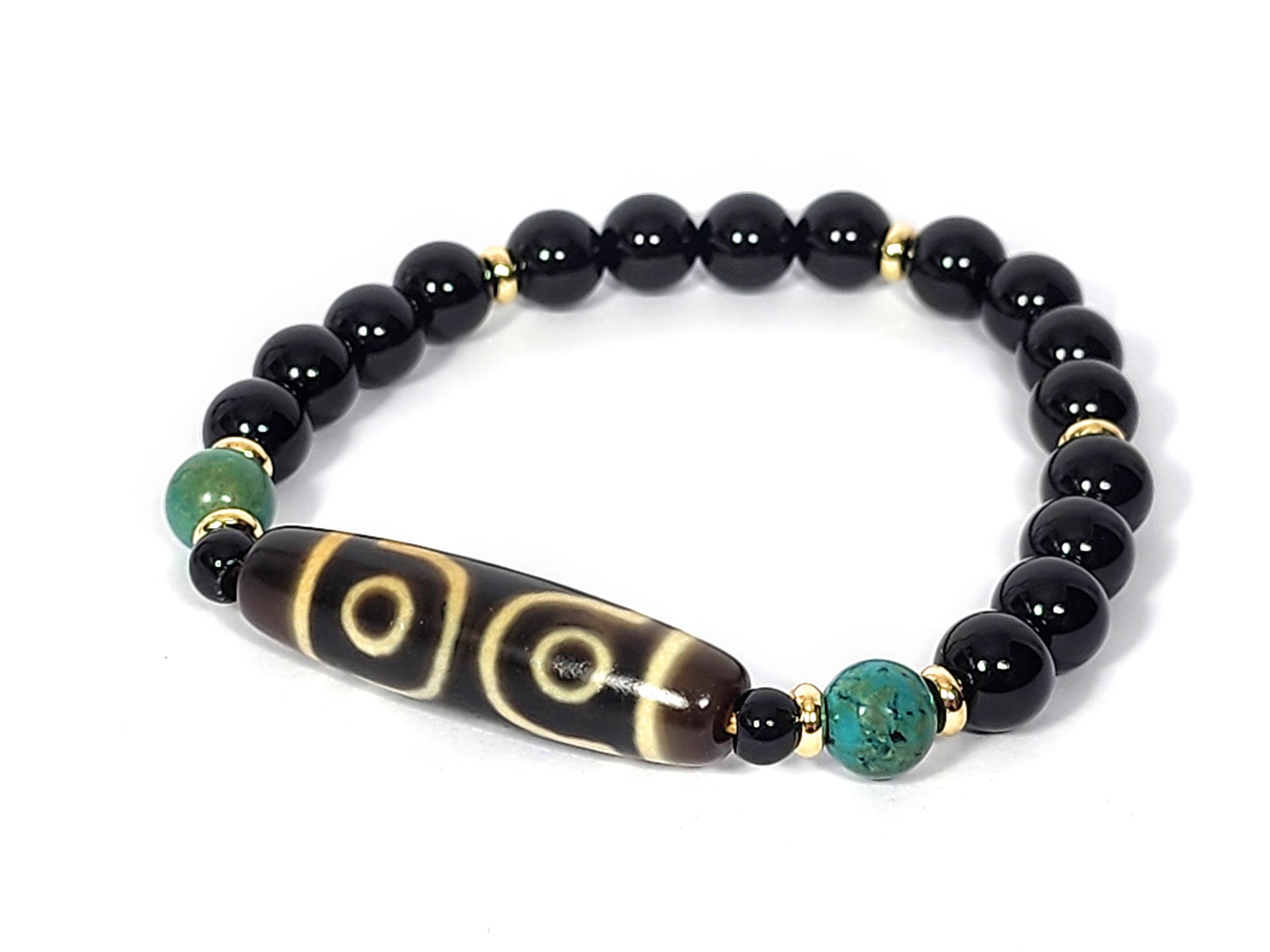 Full bracelet, Face B two eye face forward (white background): N-060726-3E-BR three eye dzi bracelet Face B, two eye rings visible, black agate & turquoise, unretouched

(104 chars ✅)