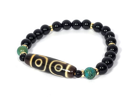 Full bracelet, Face B two eye face forward (white background): N-060726-3E-BR three eye dzi bracelet Face B, two eye rings visible, black agate & turquoise, unretouched

(104 chars ✅)