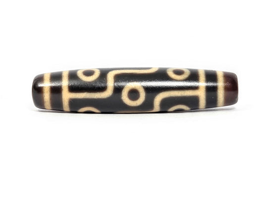 N-122225-9E Nine Eye dzi bead, front view, deep dark brown agate, 57.9×13.0mm, unretouched