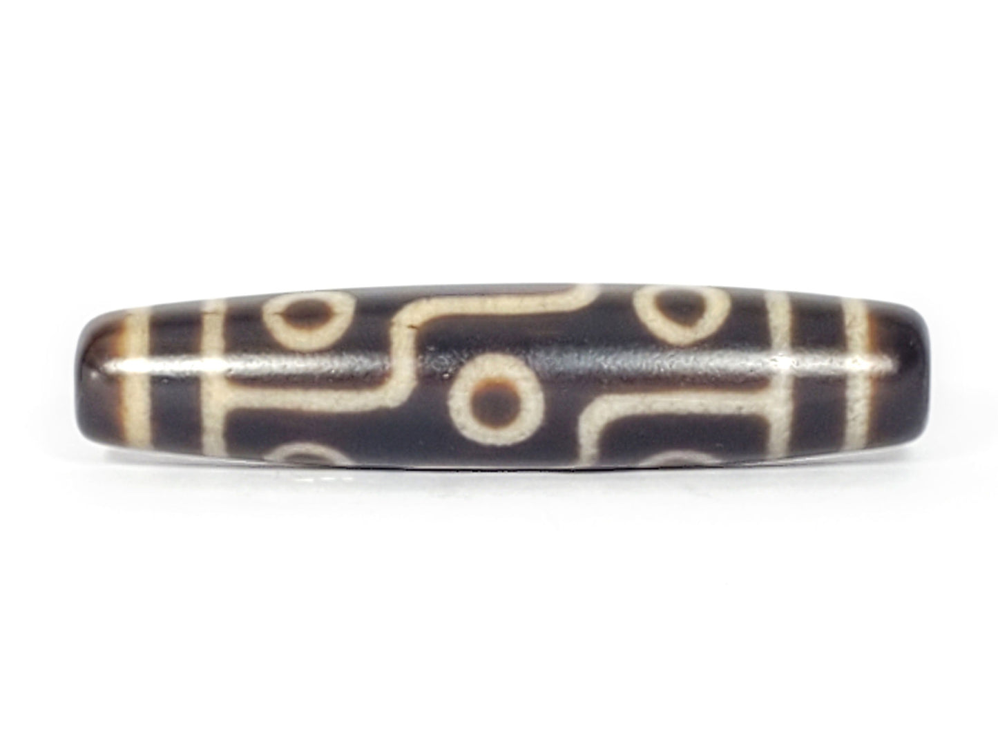 N-041424-9E Nine Eye dzi bead, front view, very dark brown agate, 58.0×12.7mm, unretouched