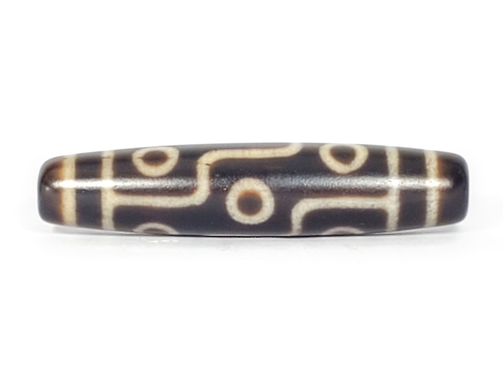 N-041424-9E Nine Eye dzi bead, front view, very dark brown agate, 58.0×12.7mm, unretouched