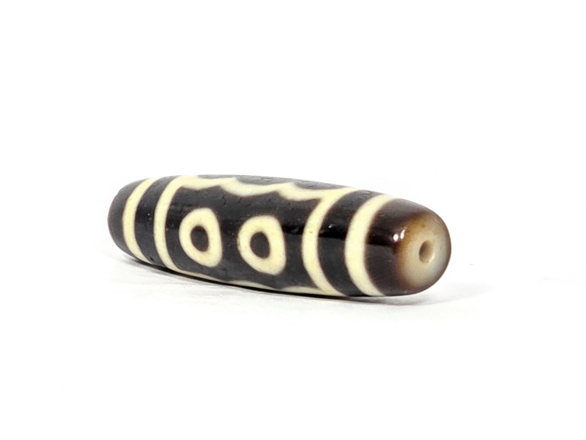 N-091025-5E angled drill-end view, warm honey-brown end cap, two-eye face visible, very dark brown agate, unretouched