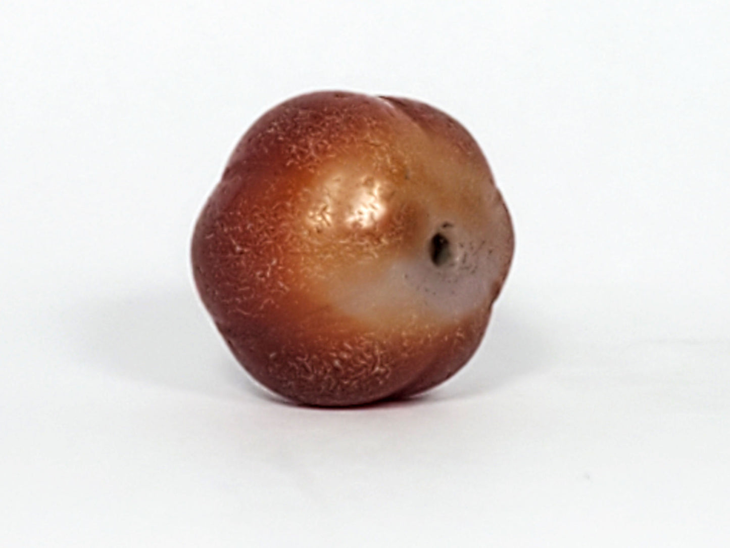 Ac-061126-PKP Bead B angled drill hole end, golden-brown zone with natural banding, weathered bore, unretouched
