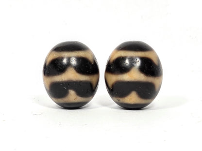 Matched pair of vintage round Double Wave Dzi beads, Taiwan 1980s, natural black and ivory agate, ~20mm