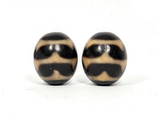 Matched pair of vintage round Double Wave Dzi beads, Taiwan 1980s, natural black and ivory agate, ~20mm