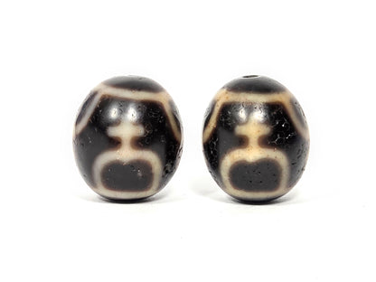 Matched pair of vintage round Treasure Vase Dzi beads, Taiwan 1980s, natural black and ivory agate, 20mm