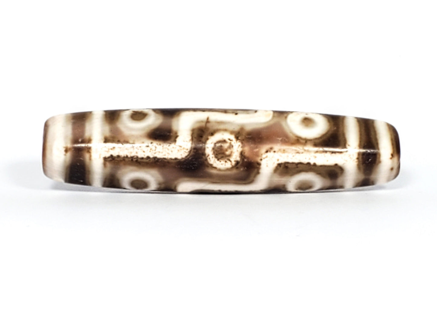 Qing Dynasty nine eye dzi — Face B, nine eye connectors on warm brown ground, heaven gate bars, pink-amber blush, At-0426-9EQ