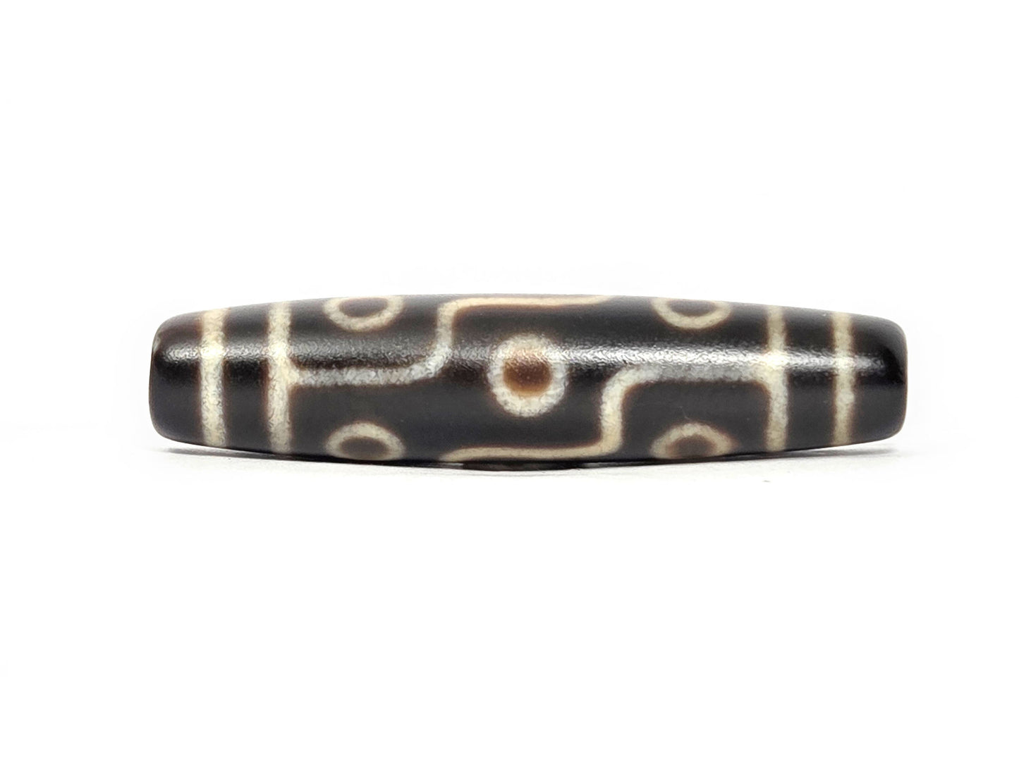 N-122325-9E Nine Eye dzi bead, front view, uniform deep dark brown agate, 58.5×13.3mm, unretouched