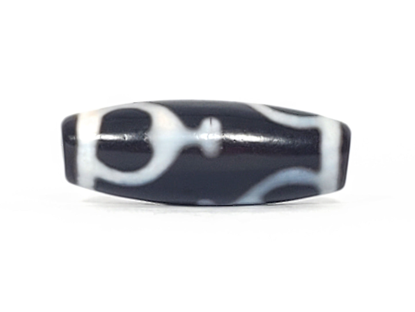 V-092224-TrVBS vintage treasure vase dzi bead, front view, black ground, white motif, 37.4×13.9mm, unretouched.