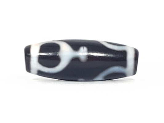 V-092224-TrVBS vintage treasure vase dzi bead, front view, black ground, white motif, 37.4×13.9mm, unretouched.