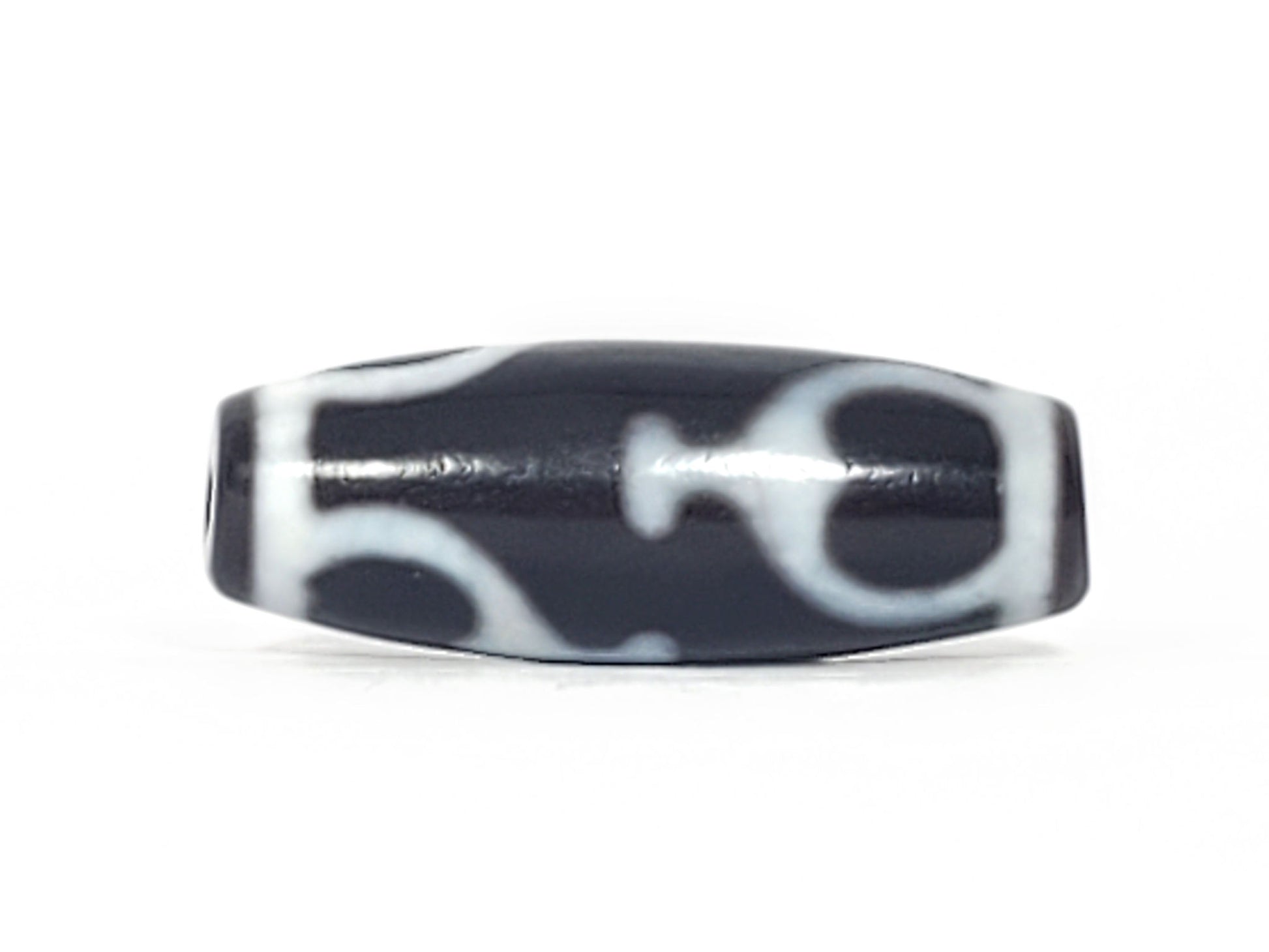 V-092224-TrVBS dzi bead, rotation view showing curved vase lines, black agate, unretouched photo.
