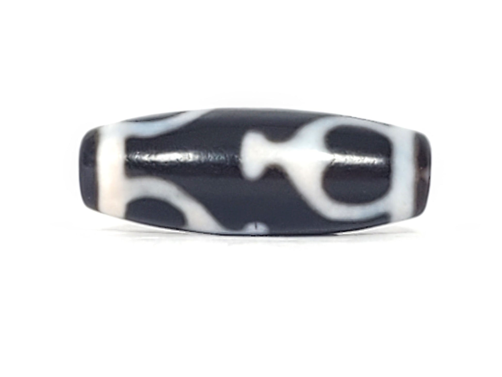 V-092224-TrVBS dzi bead, angled rotation showing vase shape, black ground, unretouched.