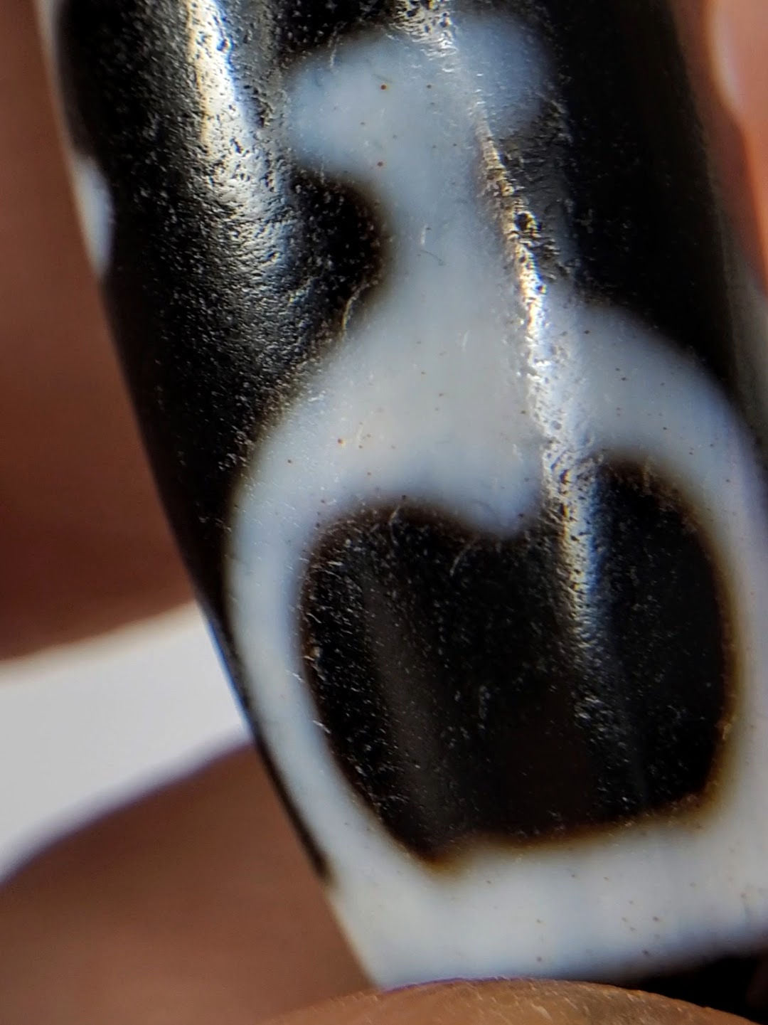 V-092224-TrVBS dzi bead, macro view of white cream zone with scattered bloodspot dots, unretouched.