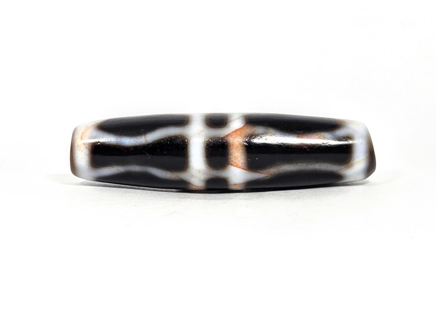 V-070526-3VjBS hero flat, triple vajra dzi, 45.4×11.8mm, dark brown black agate, white motif, unretouche