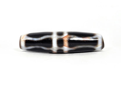 V-070526-3VjBS hero flat, triple vajra dzi, 45.4×11.8mm, dark brown black agate, white motif, unretouche