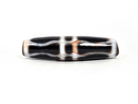 V-070526-3VjBS hero flat, triple vajra dzi, 45.4×11.8mm, dark brown black agate, white motif, unretouche