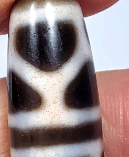 V-090924-DLBS Double Longevity dzi bead, macro close-up of longevity cell, orange-rust bloodspot micro-dots in cream zone, unretouched