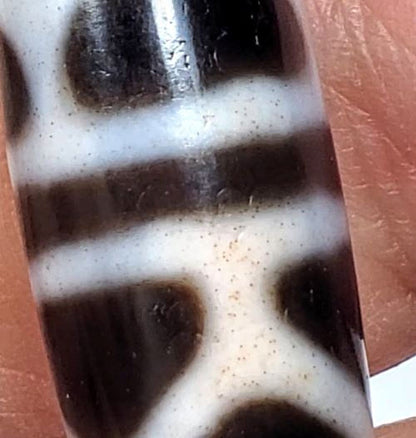 V-090924-DLBS Double Longevity dzi bead, macro of cream band showing scattered cinnabar inclusions throughout, unretouched