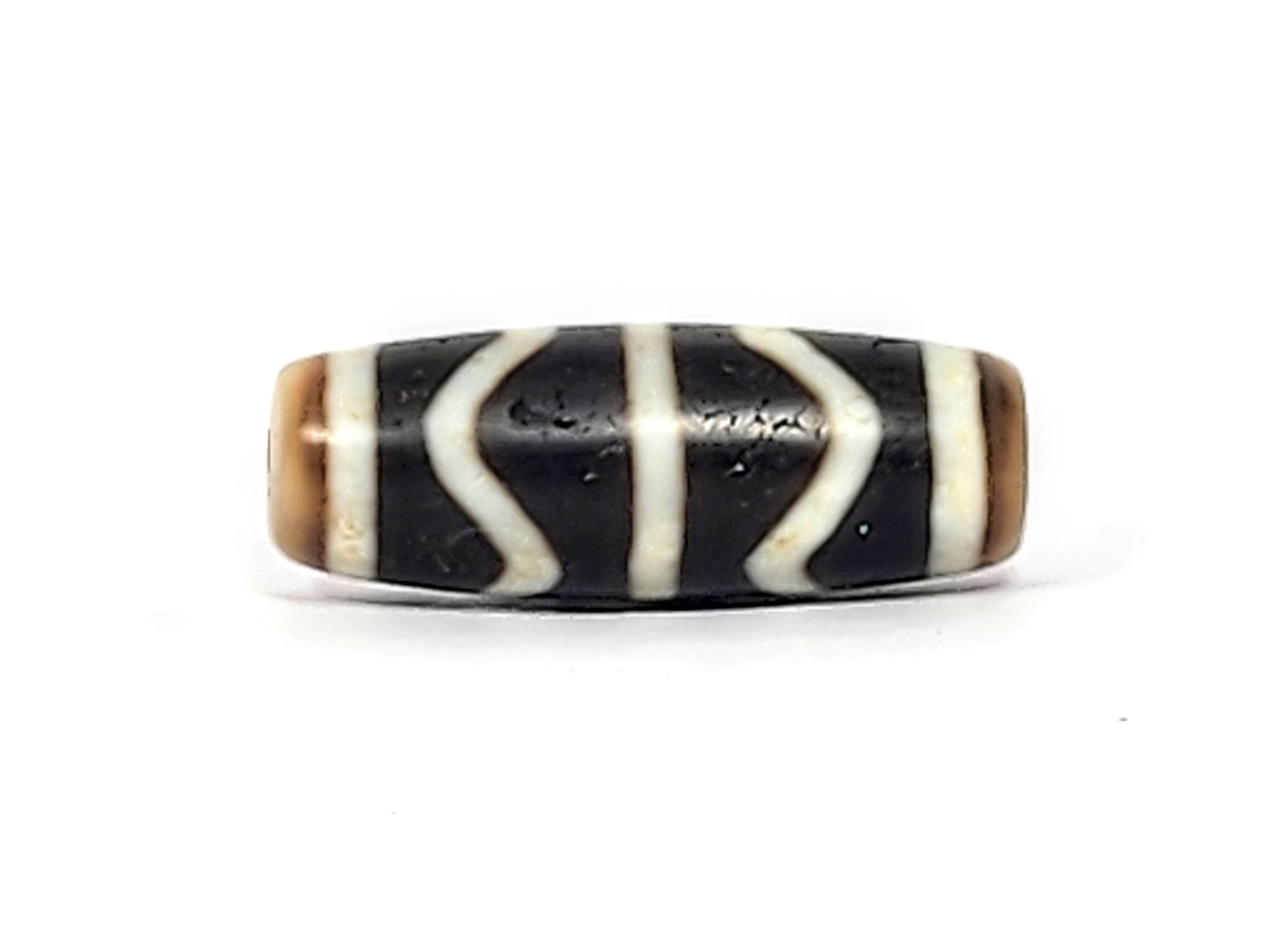 V-071425-DW vintage double wave dzi, second front view, pitch-black ground, cream wave lines, tan-brown ends, unretouched.