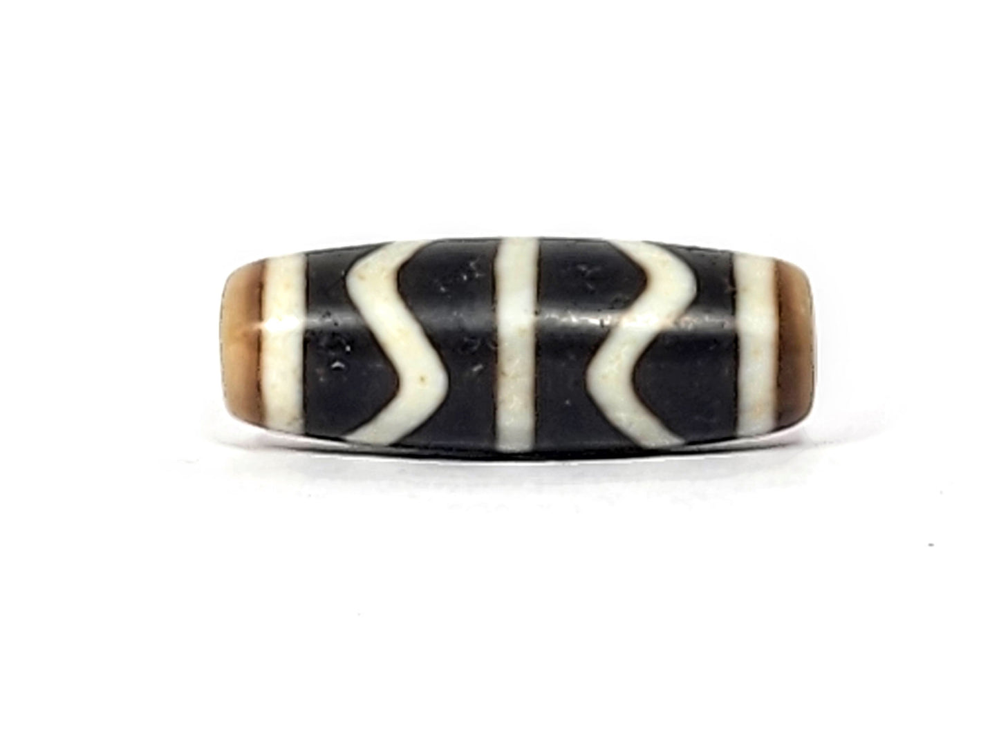 V-071425-DW vintage double wave dzi, rotated 90°, stacked arch reading of cream wave lines, pitch-black ground, unretouched.
