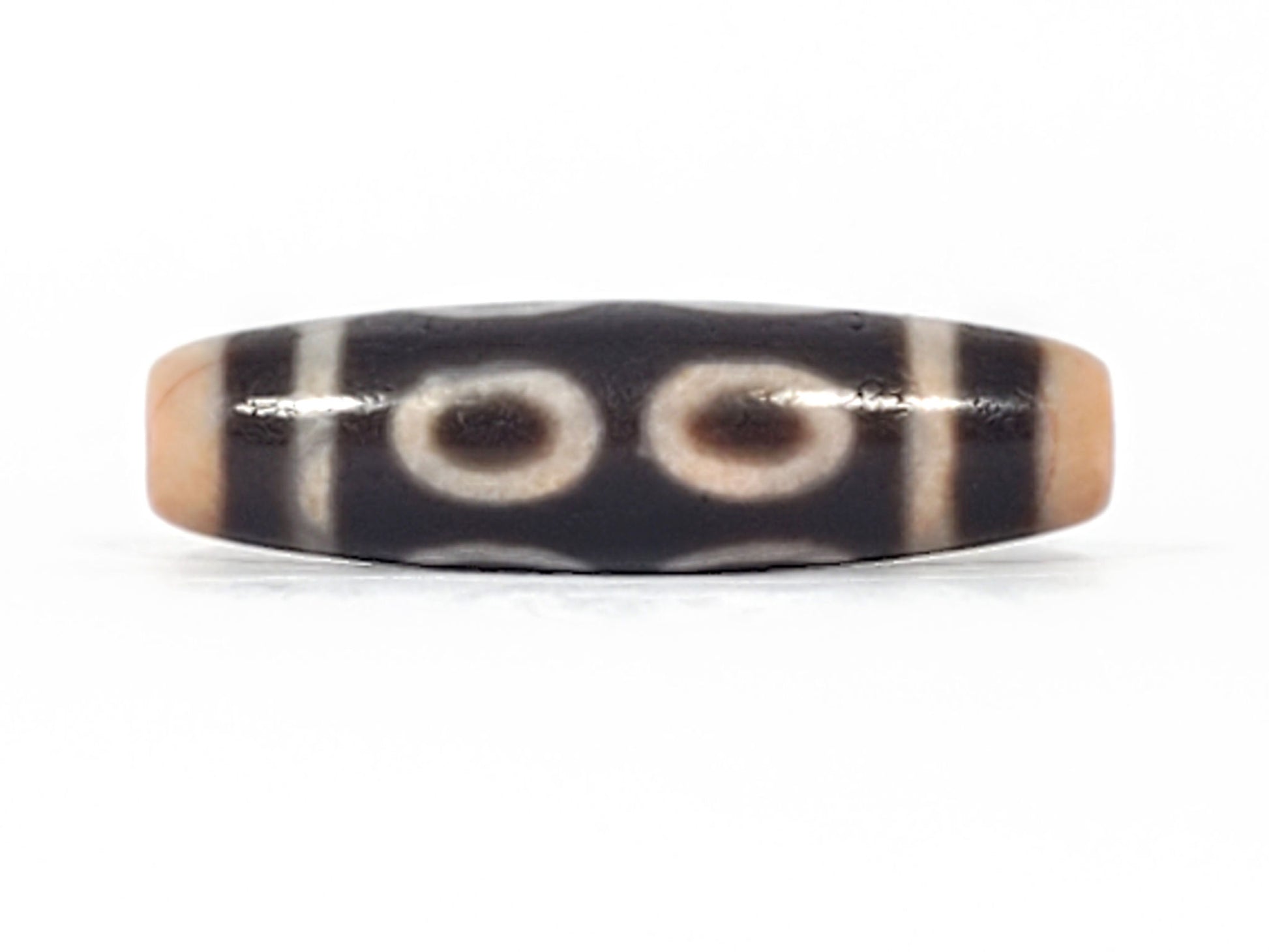 V-092924-8EBS Eight Eye dzi bead, front face, two-tone agate, 41.8×11.9mm, peachy-apricot ends, four eyes visible, unretouched