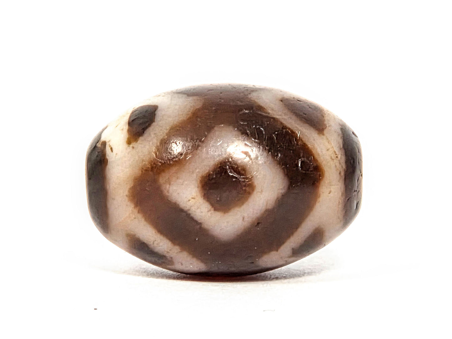 V-072226-3ETT Three Eye Tiger Tooth face B — diamond eye, cream-white dominant, dark brown spots, unretouched.