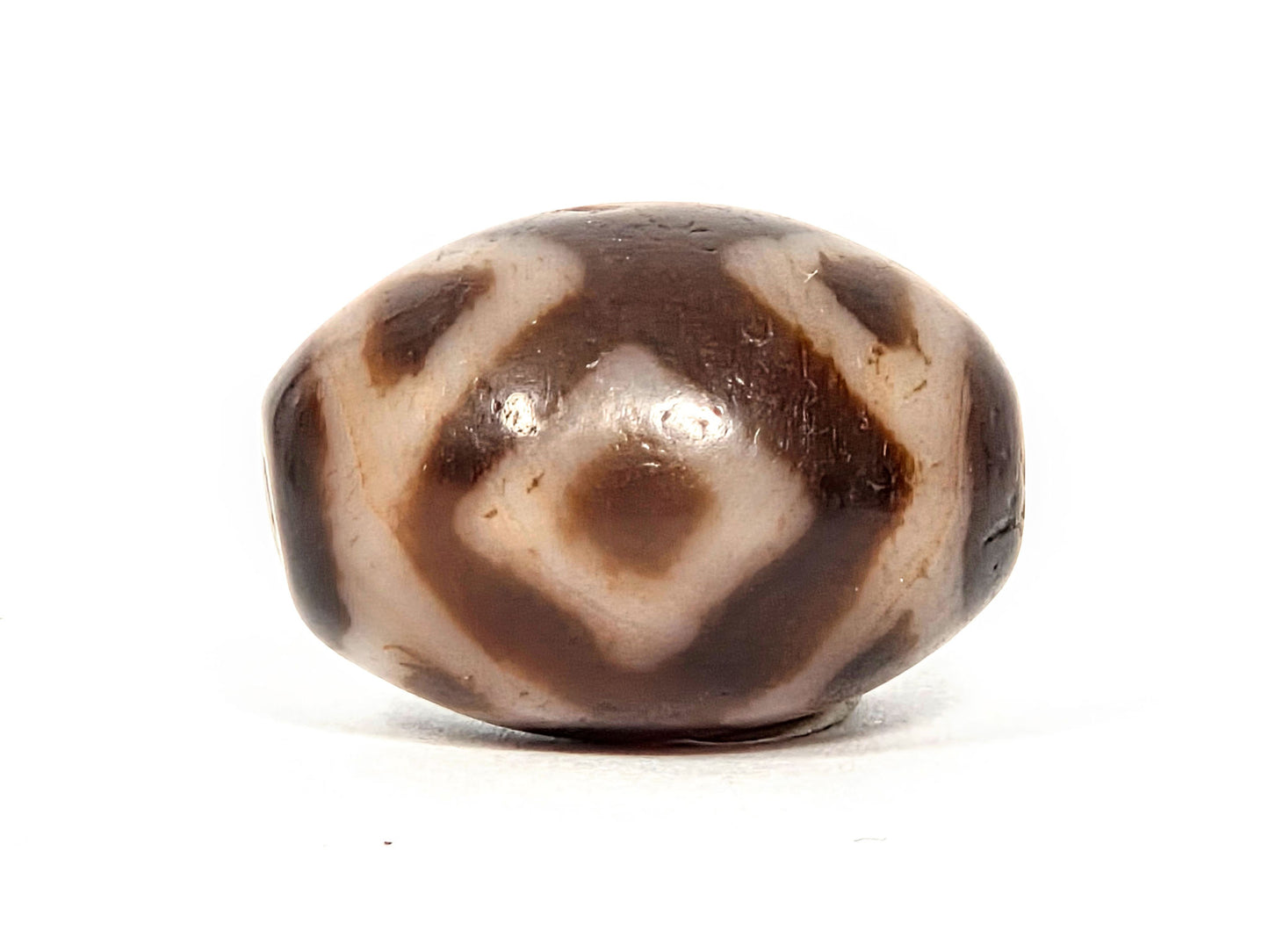 V-072226-3ETT Three Eye Tiger Tooth face C — bead turned, cream and dark brown wrapping continuous surface, unretouched. 